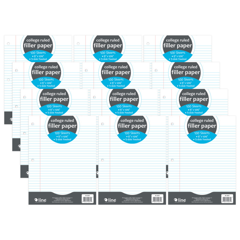 Filler Paper, College Ruled, 8'' x 10-1/2'', White, 100 Sheets Per Pack, 12 Packs