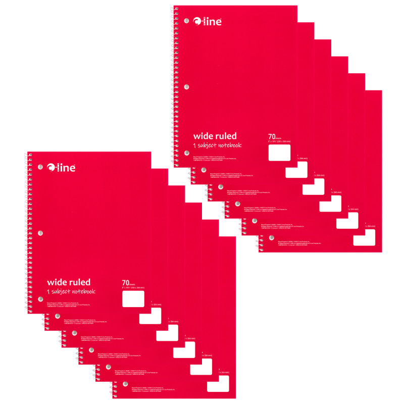 1-Subject Notebook, 70 Page, Wide Ruled, Red, Pack of 12