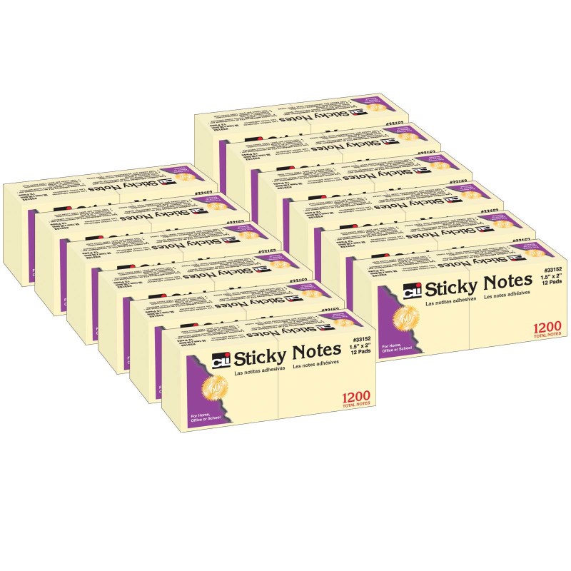 Sticky Notes, 1 1/2'' x 2'', Plain, 100 Sheets/Pad, 12 Pads/Pack, 12 Packs