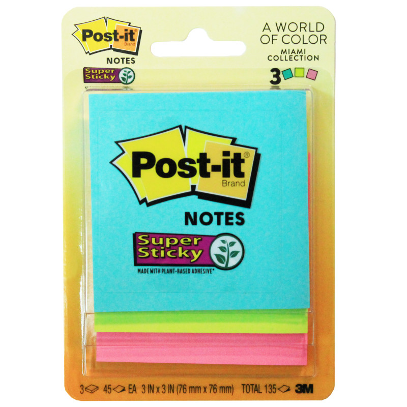 Super Sticky Notes, 3'' x 3'', Marrakesh Collection, 3 Pads/Pack