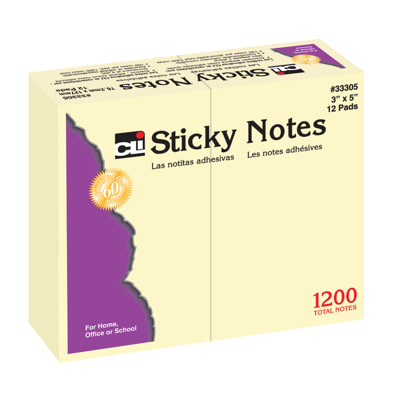 Sticky Notes, 3'' x 5'', Plain, Yellow, 12 Pads