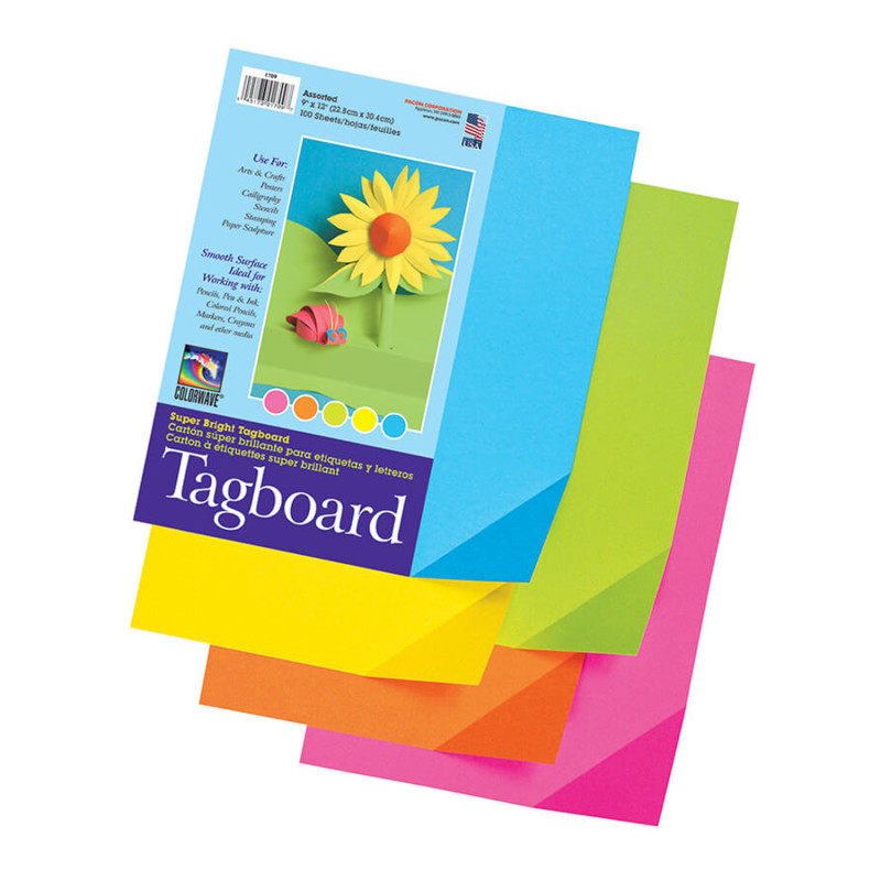 Super Bright Assorted Tagboard, 5 Super Bright Assorted Colors, 9'' x 12'', 100 Sheets