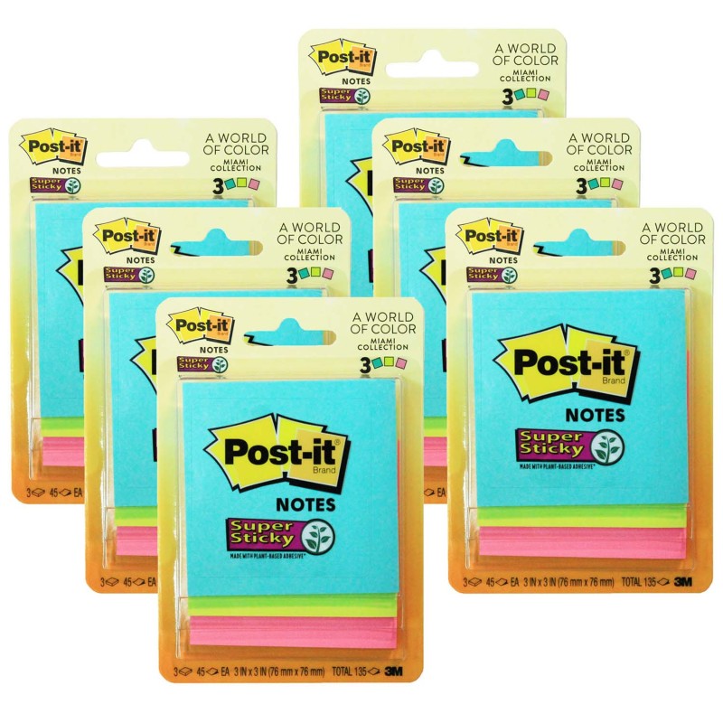 Super Sticky Notes, 3'' x 3'', Miami Collection, 3 Pads/Pack, 6 Packs