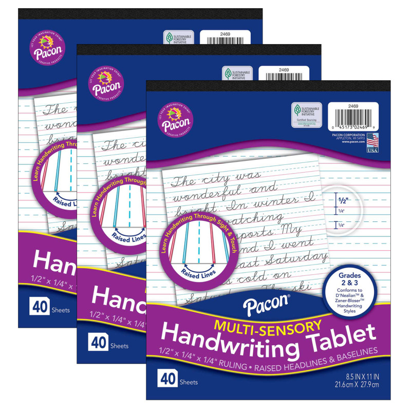 Multi-Sensory Raised Ruled Tablet, Tape-Bound Tablet, 1/2'' x 1/4'' x 1/4'' Ruled Short, 8-1/2'' x 11'', 40 Sheets, Pack of 3