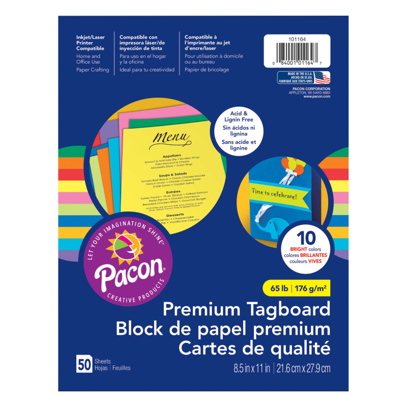Premium Tagboard, 10 Assorted Bright Colors, 8-1/2'' x 11'', 50 Sheets