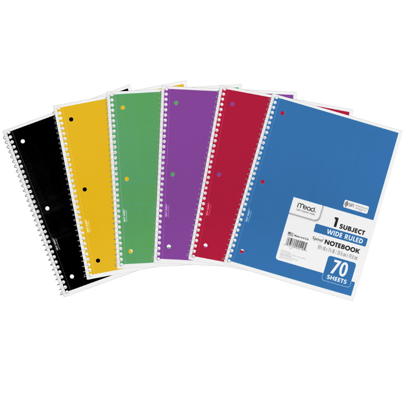 Spiral Notebook, 1 Subject, Wide Ruled, 70 Sheets, 10 1/2'' x 7 1/2''