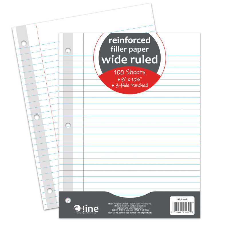 Reinforced 3-Hole Punched, Filler Paper, Wide Rule, 1.5'' x 8'', 100 Sheets