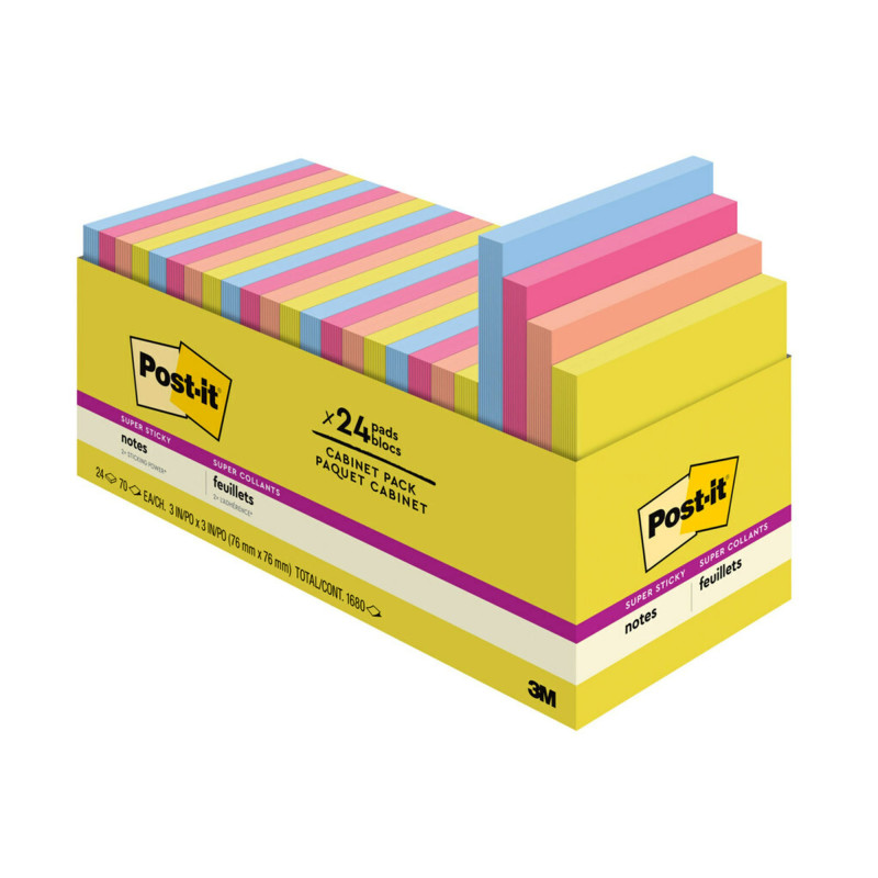 Super Sticky Notes - Summer Joy Collection - 3'' x 3'' Plain, 24-Pack