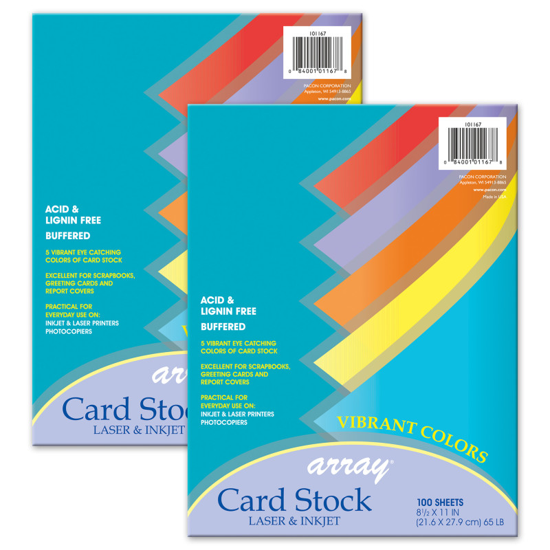 Vibrant Card Stock, 5 Assorted Colors, 8-1/2'' x 11'', 100 Sheets Per Pack, 2 Packs