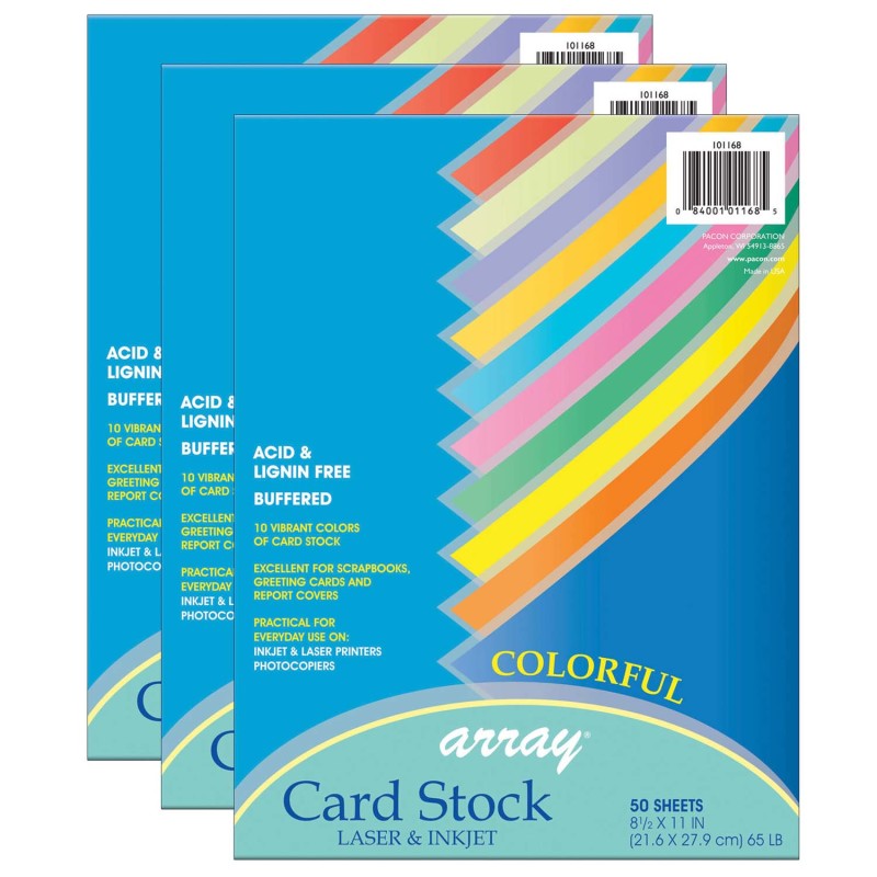 Colorful Card Stock, 10 Assorted Colors, 8-1/2'' x 11'', 50 Sheets Per Pack, 3 Packs