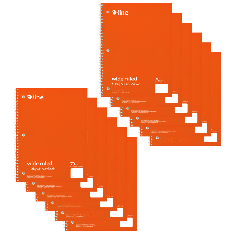 1-Subject Notebook, 70 Page, Wide Ruled, Orange, Pack of 12