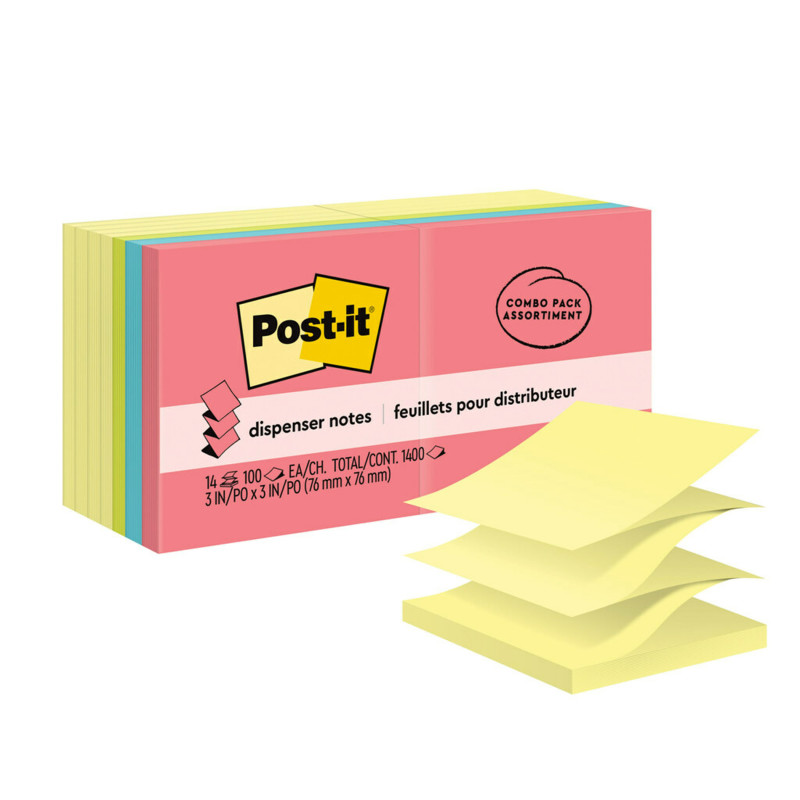 Dispenser Pop-up Notes Value Pack, 3 in x 3 in, Canary Yellow + Assorted, 14 Pads/Pack