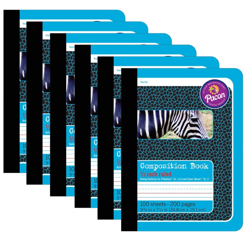 Primary Composition Book, Book Bound, D'Nealian Grades/Zaner-Bloser, 1/2'' x 1/4'' x 1/4'' Ruled, 9-3/4'' x 7-1/2'', 100 Sheets, Pack of 6