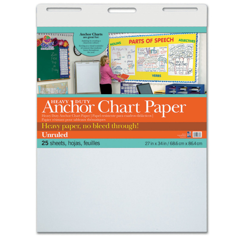 Heavy Duty Anchor Chart Paper, Non-Adhesive, White, Unruled 27'' x 34'', 25 Sheets