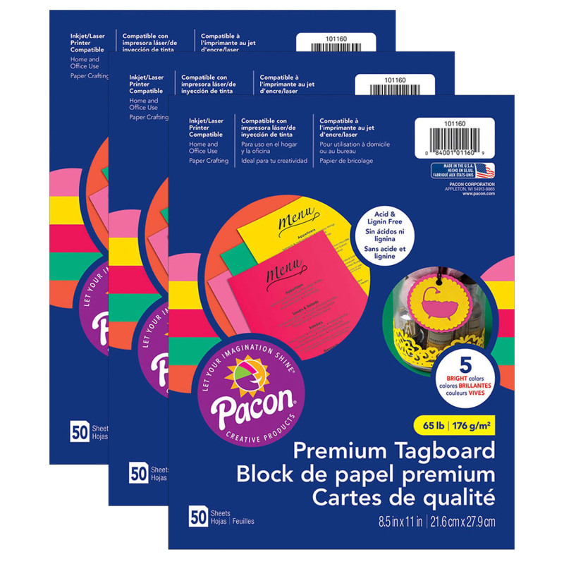 Premium Tagboard, 5 Assorted Bright Colors, 8-1/2'' x 11'', 50 Sheets Per Pack, 3 Packs