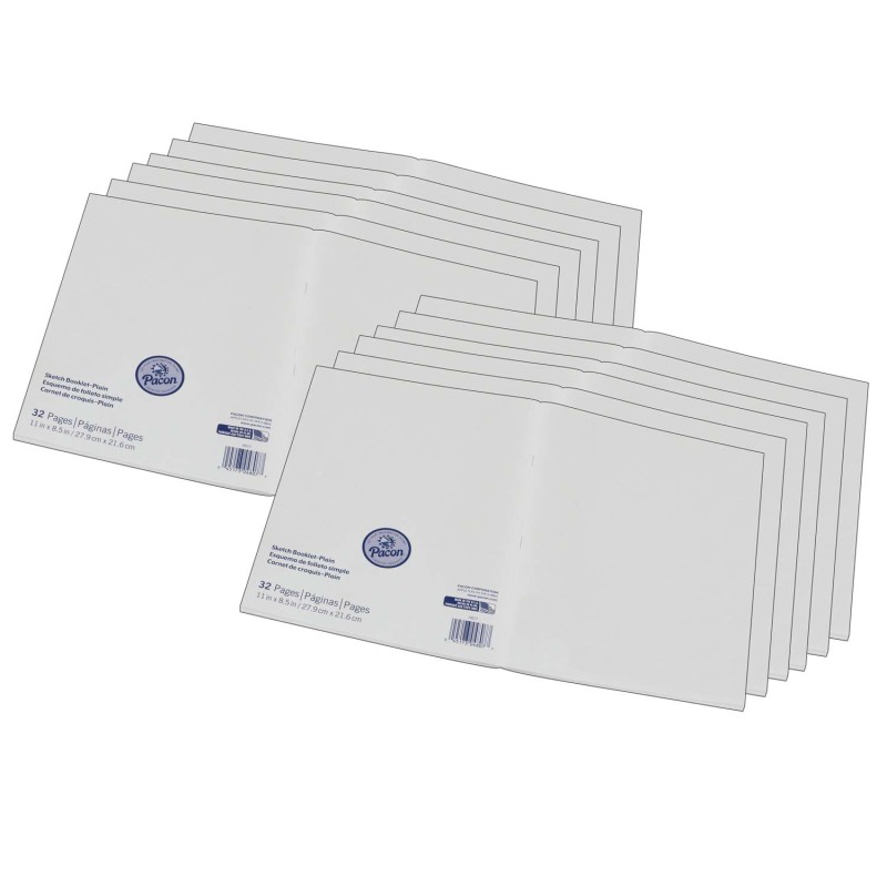 Beginner Sketch Booklet, Plain, 11'' x 8-1/2'', 16 Sheets / 32 Pages, Pack of 12