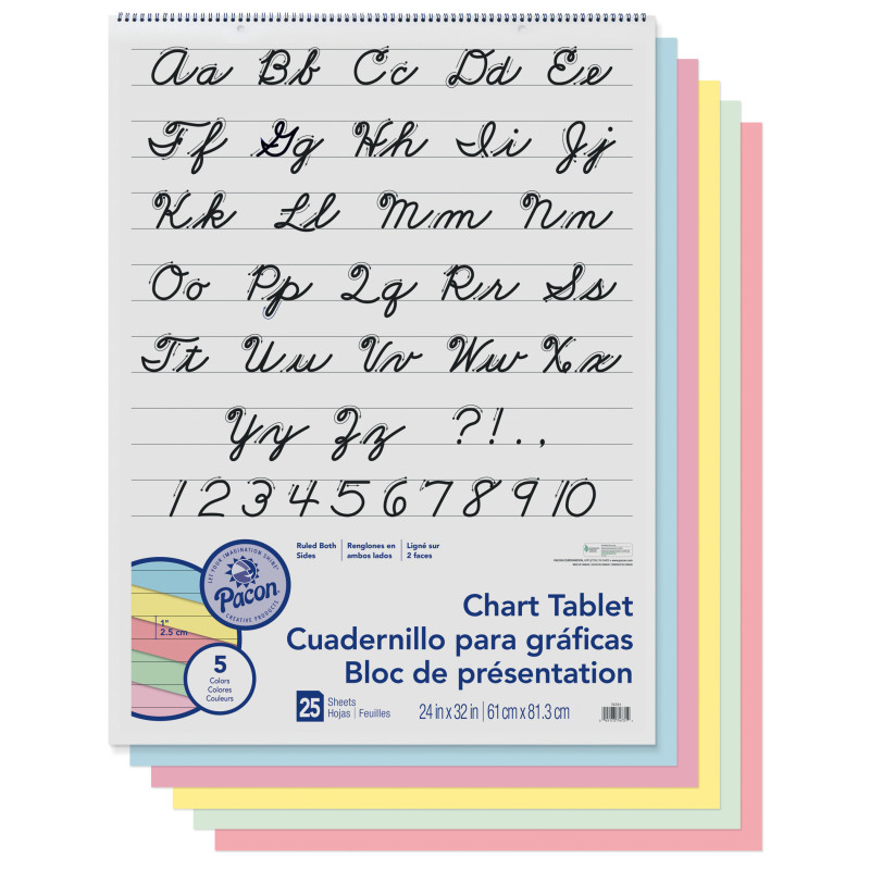 Colored Paper Chart Tablet, Cursive Cover, Asst, 1'' Rule.4'' x 32'', 25 Sheets