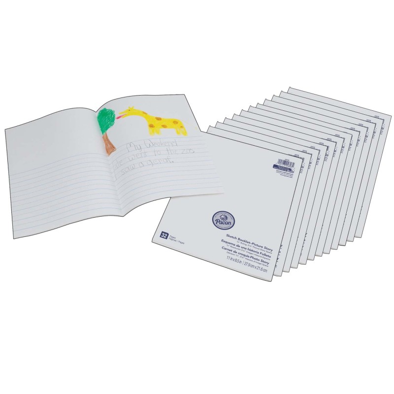 Beginner Sketch Booklet, Picture Story, 11'' x 8-1/2'', 16 Sheets / 32 Pages, Pack of 12