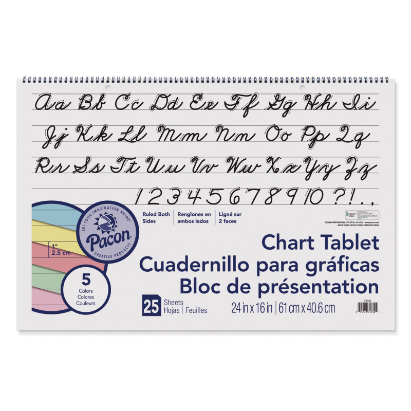 Colored Paper Chart Tablet, Cursive Cover, 5 Assorted Colors, 1'' Rule.4'' x 16'', 25 Sheets