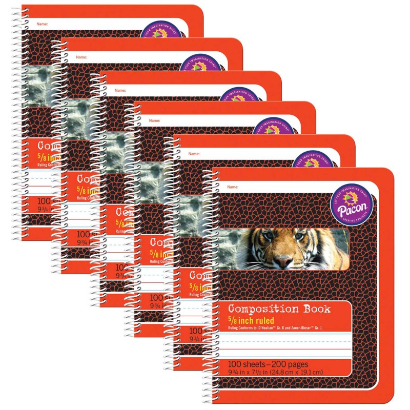 Primary Composition Book, Spiral Bound, D'Nealian/Zaner-Bloser, 5/8'' x 5/16'' x 5/16'' Ruled, 9-3/4'' x 7-1/2'', 100 Sheets, Pack of 6