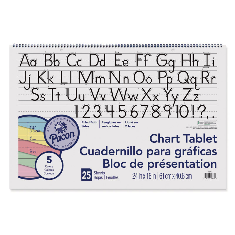 Colored Paper Chart Tablet, Manuscript Cover, 5 Assorted Colors, 1-1/2'' Ruled, 24'' x 16'', 25 Sheets