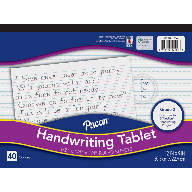 Handwriting Tablet, White, 1/2 in x 1/4 in x 1/4 in Ruled Long, 12'' x 9'', 40 Sheets