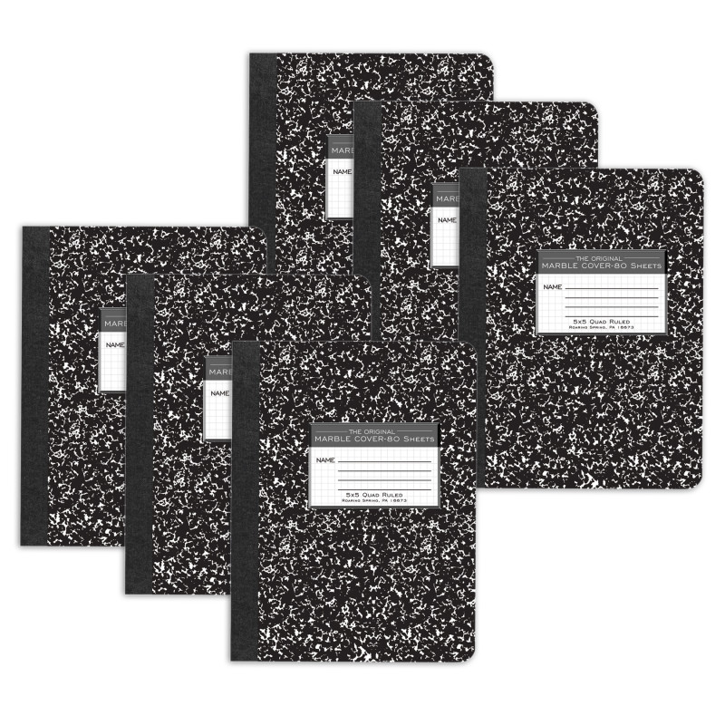 Composition Book, 5x5 Graph, 80 Sheets, .75'' x .5'', Black Marble, Pack of 6