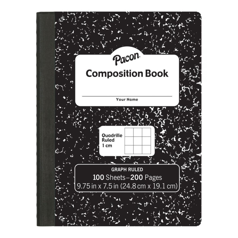 Composition Book, Black Marble, 1 cm Quadrille Ruled 9-3/4'' x 7-1/2'', 100 Sheets