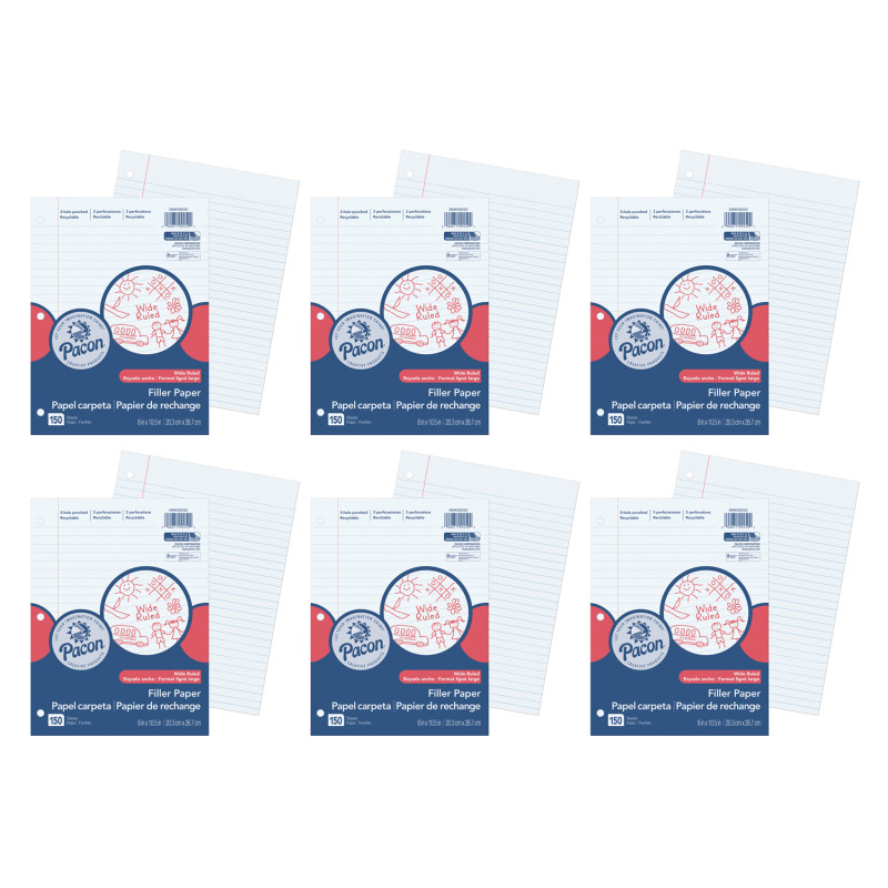 Filler Paper, White, 3-Hole Punched, Red Margin, 3/8'' Ruled, 8'' x 10-1/2'', 150 Sheets Per Pack, 6 Packs
