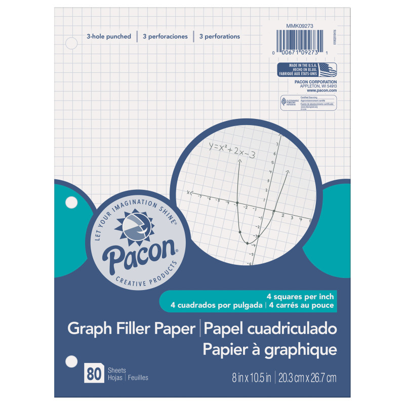 Graphing Paper, White, 3-Hole Punched, 1/4'' Quadrille Ruled, 8'' x 10-1/2'', 80 Sheets