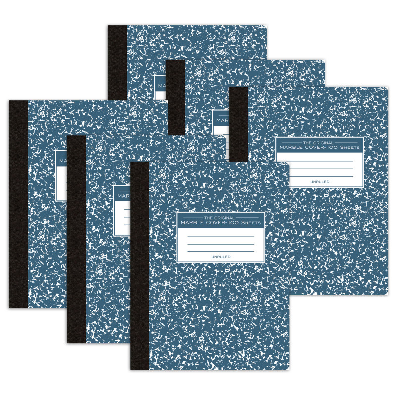 Composition Book, Unruled, 100 Sheets, .75'' x .5'', Blue Marble, Pack of 6