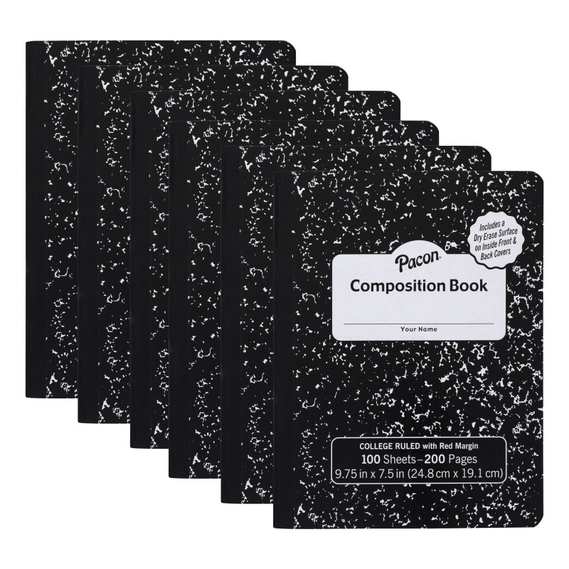 Composition Book, Black Marble, 9/32 in ruling with red margin 9-3/4'' x 7-1/2'', 100 Sheets, Pack of 6