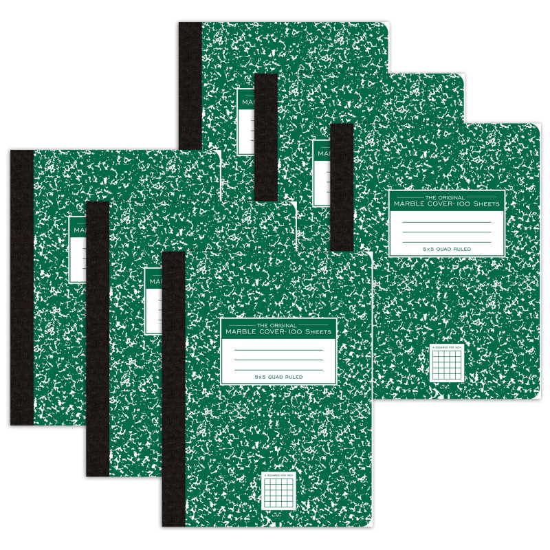 Composition Book, 5x5 Graph, 100 Sheets, .75'' x .5'', Green Marble, Pack of 6