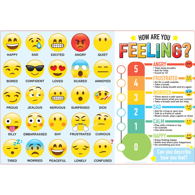 Placemat Studio Smart Poly How Are You Feeling Learning Placemat, 13'' x 19'', Single Sided, Pack of 10