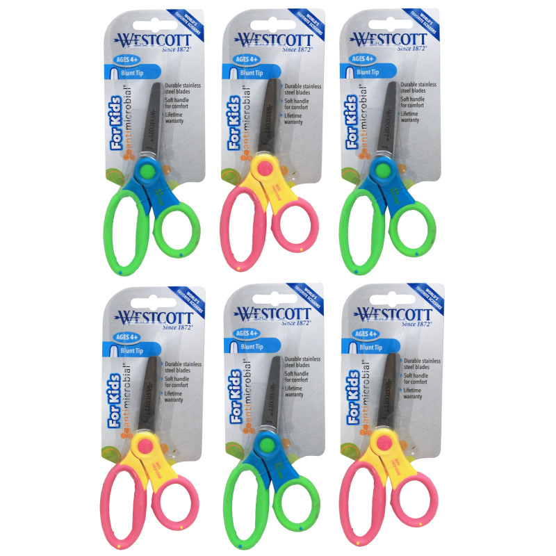 5'' Anti-Microbial Kids Scissors, Blunt, Assorted Colors, Pack of 6