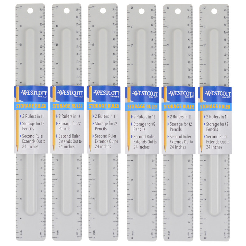 2-Piece 12'' Ruler with Pencil Storage, Pack of 6