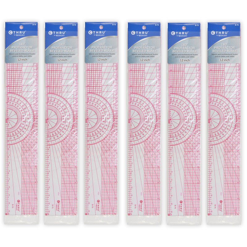 Beveled Protractor Ruler, 12'', Transparent, Pack of 6