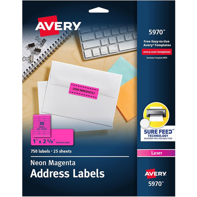 High-Visibility Labels, Permanent Adhesive, Neon Magenta, 1'' x 2-5/8'', 750 Labels