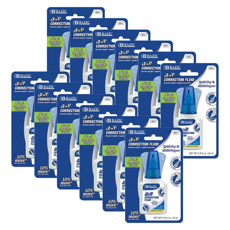 2 in 1 Correction Fluid with Foam Brush Applicator & Pen Tip, .74 FL OZ (22 mL), Pack of 12