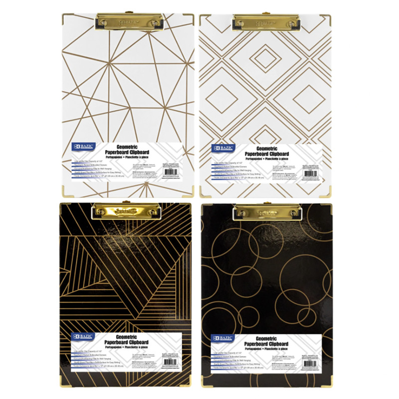 Paperboard Clipboard with Gold Low Profile Clip, Assorted Geometric Designs (No Design Choice), 1.9'' x 9''
