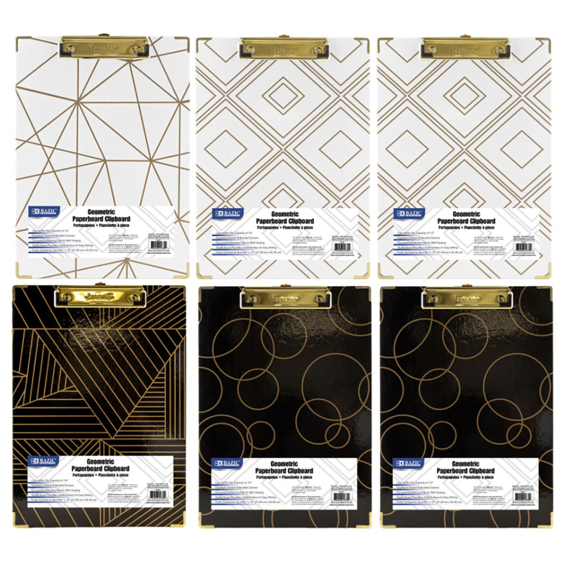 Paperboard Clipboard with Gold Low Profile Clip, Assorted Geometric Designs (No Design Choice), 1.9'' x 9'', Pack of 6
