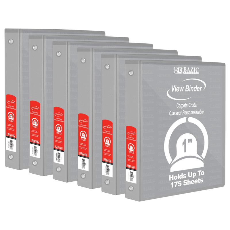 3-Ring View Binder with 2 Pockets, 1'', Gray, Pack of 6