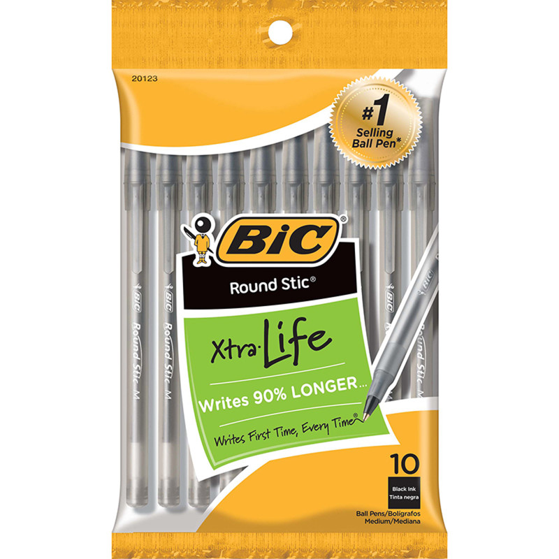 Round Stic Xtra Life Ballpoint Pen, Medium Point (. 0mm), Black, Pack of 10