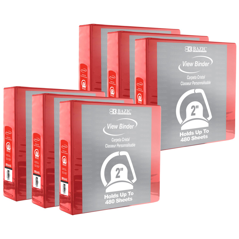 Slant D Ring View Binder with 2 Pockets, 2'', Red, Pack of 6