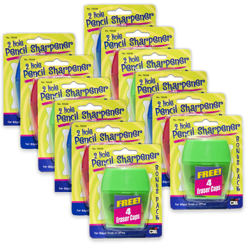 Two-Hole Pencil Sharpener w/Catcher, Bonus Erasers, Assorted Colors, Set of 12