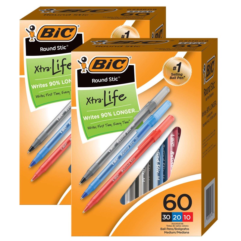 Round Stic Xtra Life Ballpoint Pen, Medium Point (. 0mm), Assorted, 60 Per Box, 2 Boxes