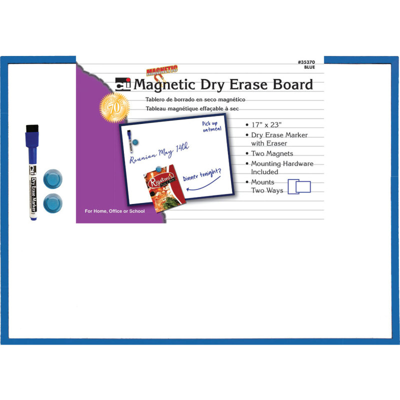 Magnetic Dry Erase Board, 17'' x 23'', w/Eraser/Marker and 2 Magnets, Blue Frame, 1 Each