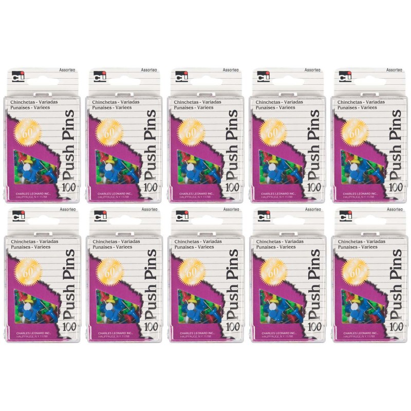 Push Pins, Assorted Colors, 100 Per Box, 10 Boxes