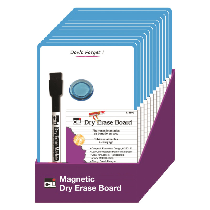 Magnetic Mini Dry Erase Boards, 6-1/4'' x 9'', Marker w/Eraser and 1 Magnet, Blue Frame, Pack of 12