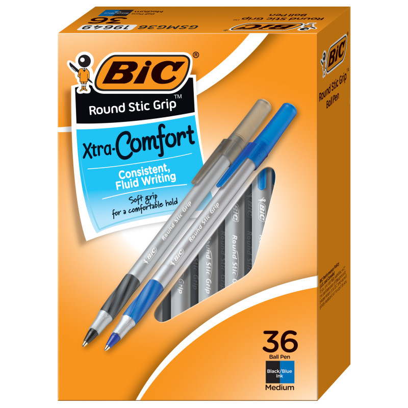 Round Stic Grip Xtra Comfort Ballpoint Pens, Medium Point (.2mm), Assorted Colors, 36-Count Pack, Assorted Pens for Office Supplies